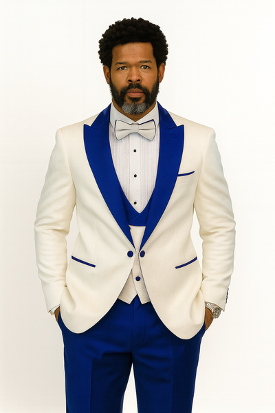 Hilton White and Royal Blue Paisley Peak Lapel Tuxedo Jacket with Matching Shawl Vest and Wool Pants – Includes Bow Tie 6   - from alligatorwarehouse.com