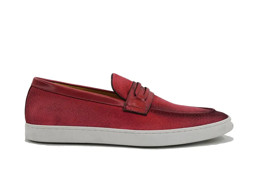 Carrucci Embossed Leather Strap Linen Sneaker
