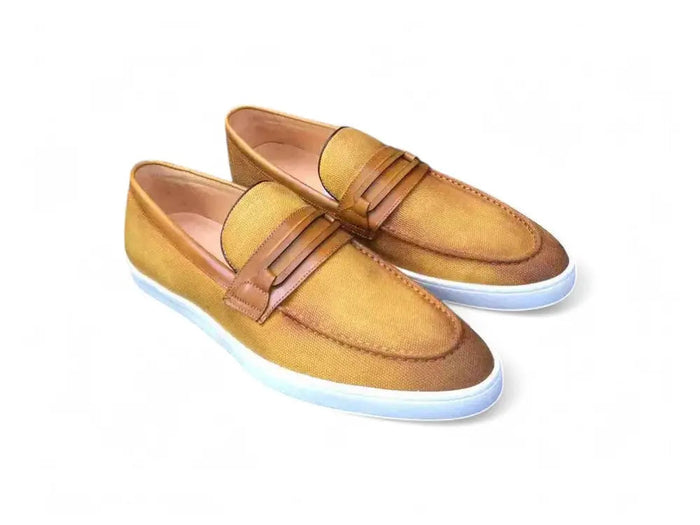 Carrucci Embossed Leather Strap Linen Sneaker