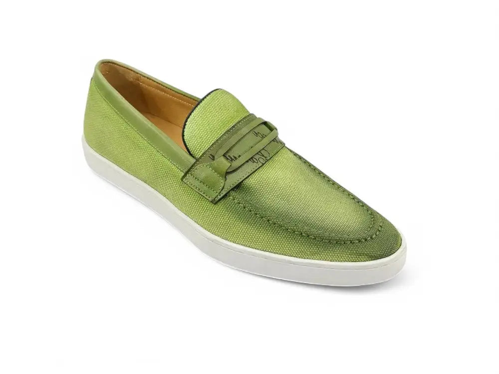 Carrucci Embossed Leather Strap Linen Sneaker