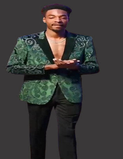 Mens Emerald Green Paisley Blazer With Black Lapel - Velvet Fabric Wedding Tuxedo Dinner Jacket 2   - from alligatorwarehouse.com