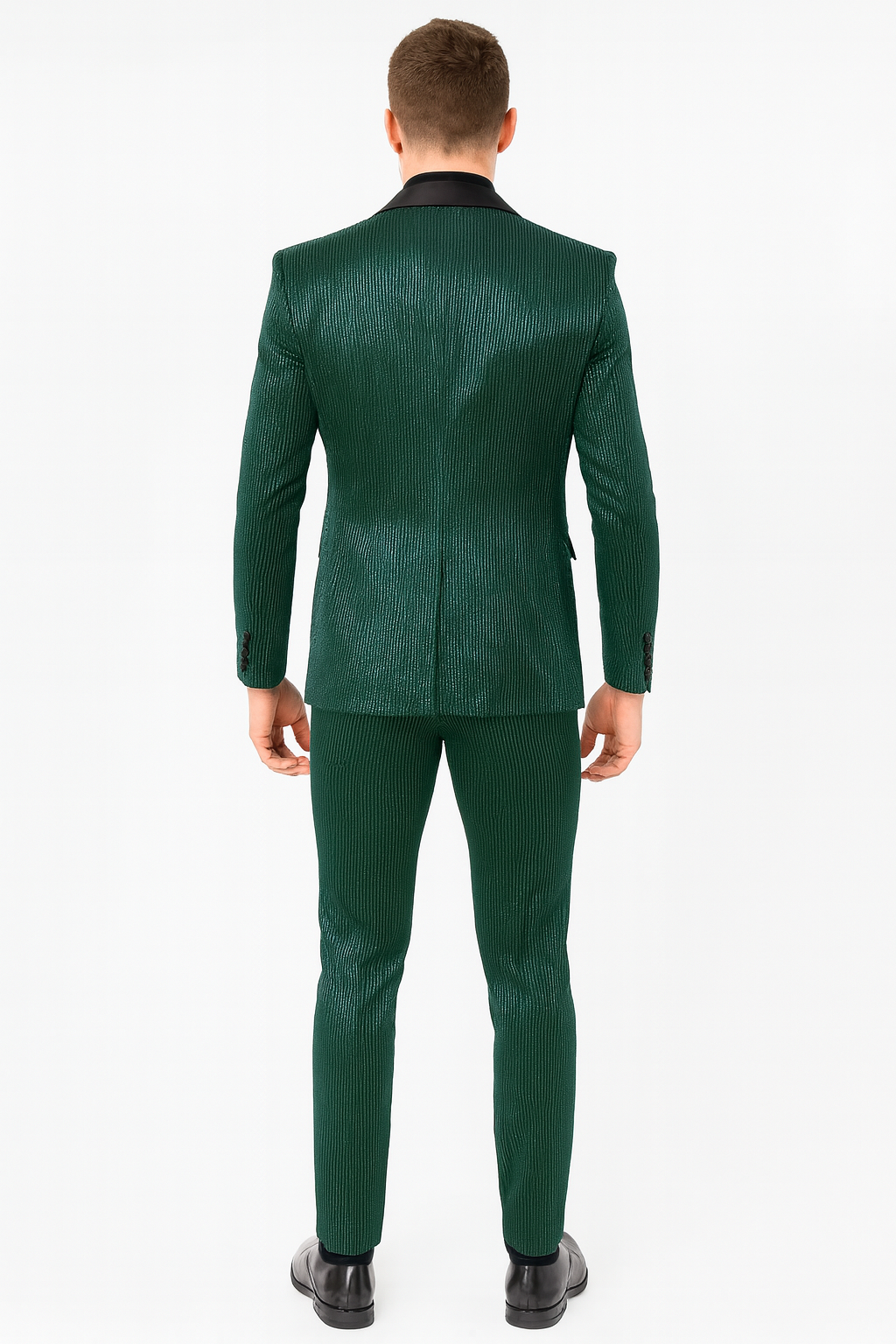 Mens Emerald Green Shiny Stripe Tuxedo Suit – Slim Fit 2-Piece Satin Lapel Dinner Jacket and Pants Ultra slim fit 4   - from alligatorwarehouse.com