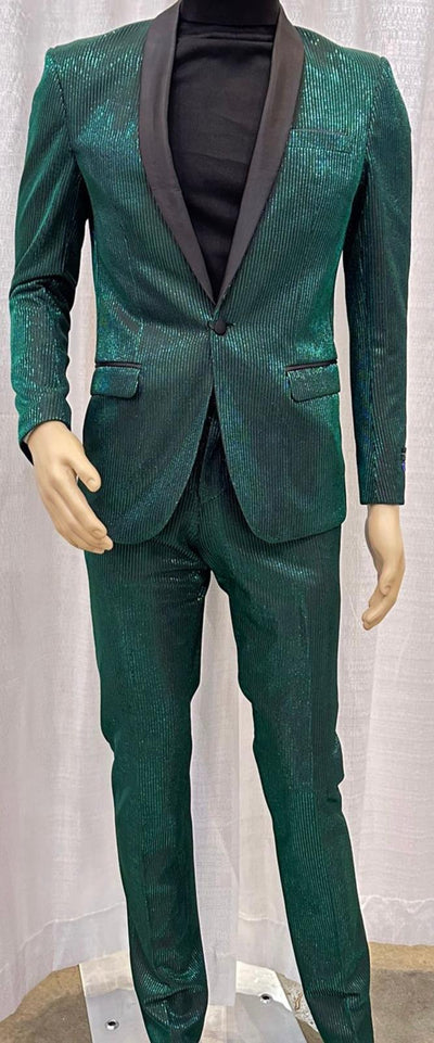 Mens Emerald Green Shiny Stripe Tuxedo Suit – Slim Fit 2-Piece Satin Lapel Dinner Jacket and Pants Ultra slim fit 6   - from alligatorwarehouse.com