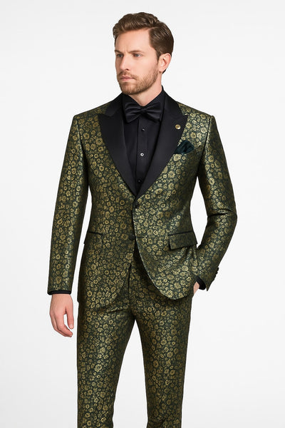 Emerald Green and Gold Floral Tuxedo Suit for Men Perfect Prom or Wedding Suit 1   - from alligatorwarehouse.com