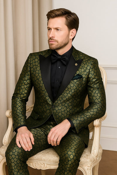Emerald Green and Gold Floral Tuxedo Suit for Men Perfect Prom or Wedding Suit 4   - from alligatorwarehouse.com