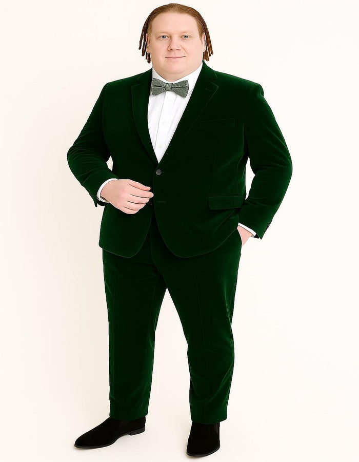 Menƒ??s Emerald Green Velvet Suit ƒ?? Slim Fit Tuxedo for Weddings, Prom, and Red Carpet Events