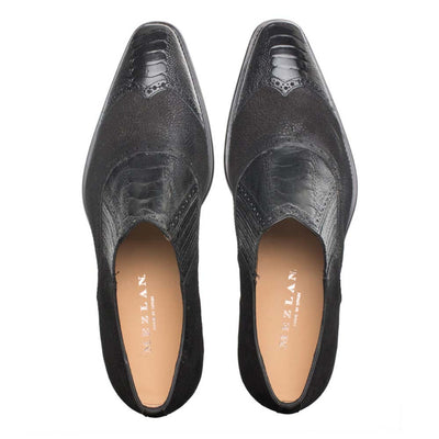 Black Ostrich and English Suede Gored Slip On Dress Shoes for men By Mezlan Made In Spain Brand 3   - from alligatorwarehouse.com