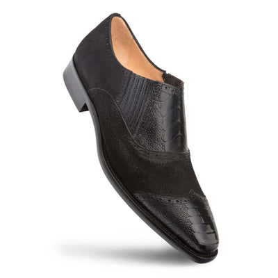 Black Ostrich and English Suede Gored Slip On Dress Shoes for men By Mezlan Made In Spain Brand 1   - from alligatorwarehouse.com
