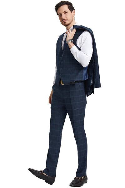 Men's Stacy Adams Vested Modern Fit Windowpane Plaid Suit in Navy Blue 3 SM159H1-155-38R  - from alligatorwarehouse.com
