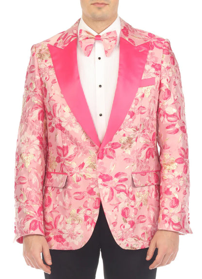 Men’s Drake Fuchsia Floral Tuxedo Blazer – Slim Fit Peak Lapel 1 Button Prom Dinner Jacket for Weddings & Formal Events