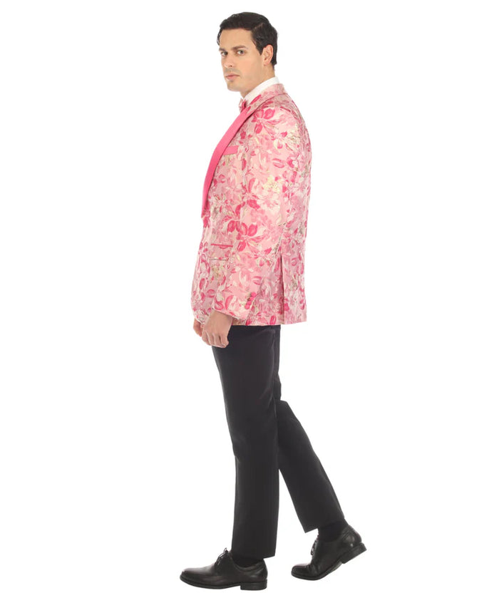 Men’s Drake Fuchsia Floral Tuxedo Blazer – Slim Fit Peak Lapel 1 Button Prom Dinner Jacket for Weddings & Formal Events