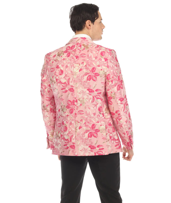 Men’s Drake Fuchsia Floral Tuxedo Blazer – Slim Fit Peak Lapel 1 Button Prom Dinner Jacket for Weddings & Formal Events