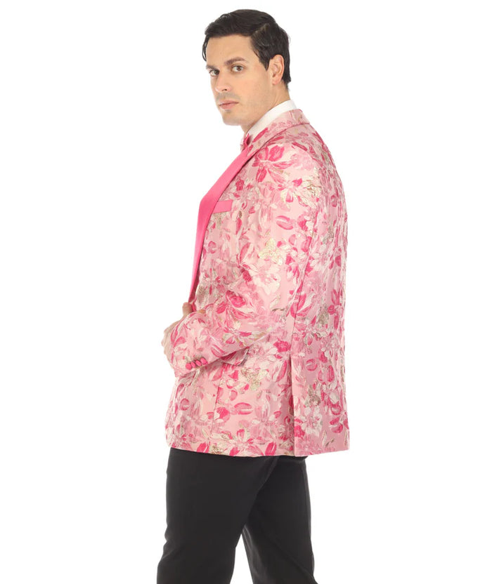 Men’s Drake Fuchsia Floral Tuxedo Blazer – Slim Fit Peak Lapel 1 Button Prom Dinner Jacket for Weddings & Formal Events