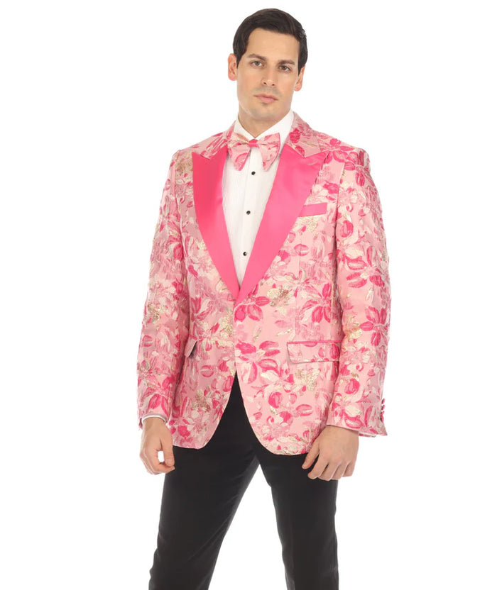 Men’s Drake Fuchsia Floral Tuxedo Blazer – Slim Fit Peak Lapel 1 Button Prom Dinner Jacket for Weddings & Formal Events