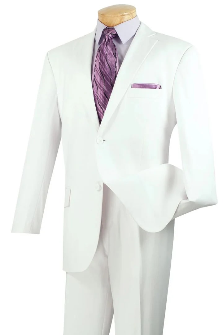 White Wedding Suit For Men - Perfect For Groom - Mens Modern Fit Two Button Rayon Fabric Suit In White