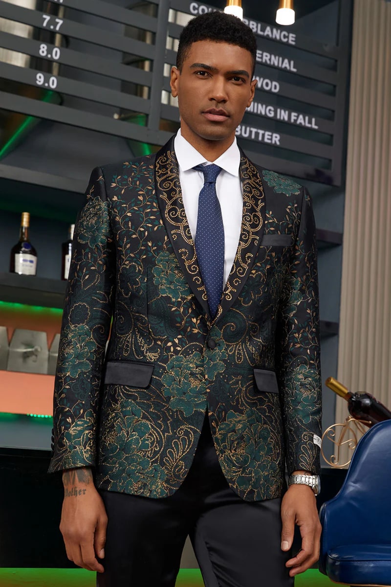 Men's Stacy Adam's Designer Prom & Wedding Tuxedo Jacket In Green & Gold Floral Paisley