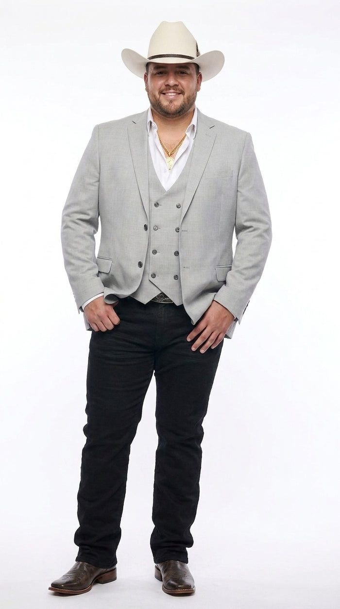 Men’s Light Gray Western Suit Blazer with Double-Breasted Vest, Modern Cowboy Formal Jacket Outfit
