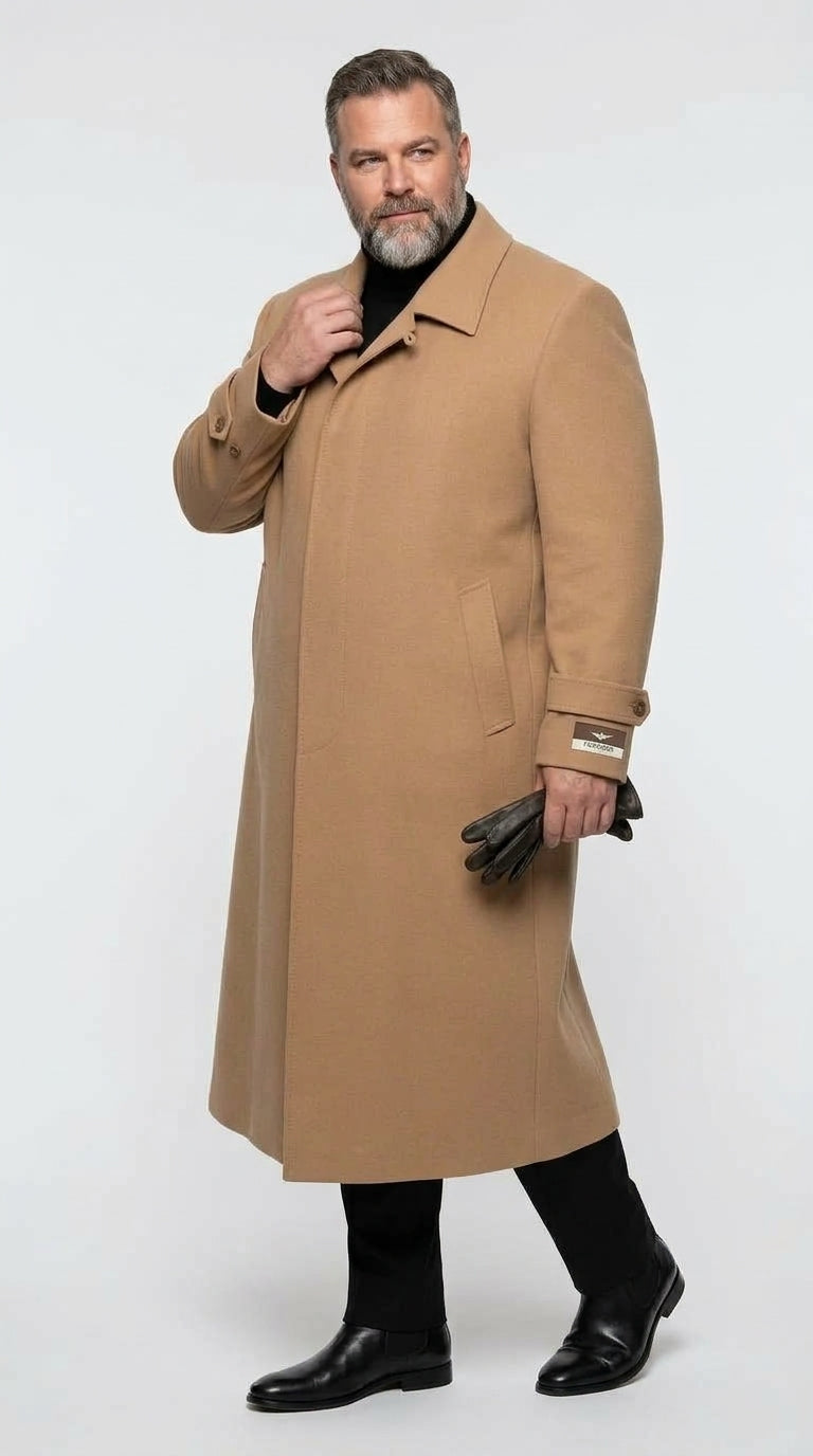 Men’s Camel Full Length All Weather Coat, 4 Button Duster Maxi Dress Coat