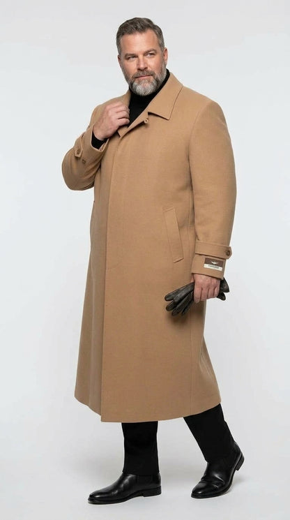 Men’s Camel Full Length All Weather Coat, 4 Button Duster Maxi Dress Coat