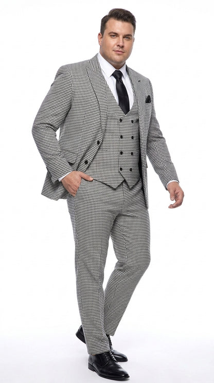 Men’s Black & White Houndstooth Check 3-Piece Pure Wool Suit with Double-Breasted Vest & Flat Front Pants