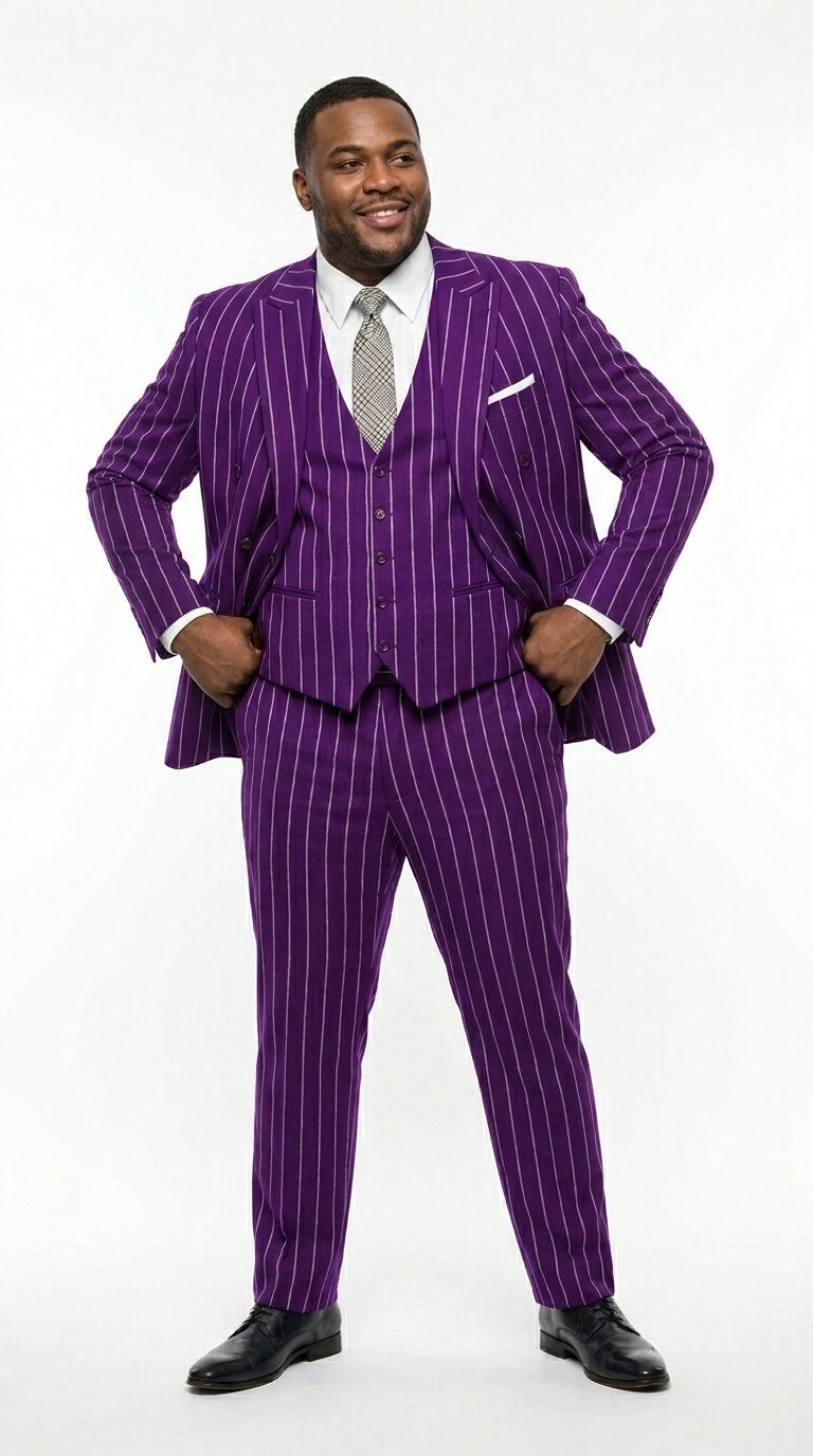 Men’s Purple Pinstripe 1920s Gangster Suit with Jacket, Vest and Pants, Vintage Formal Dress Suit
