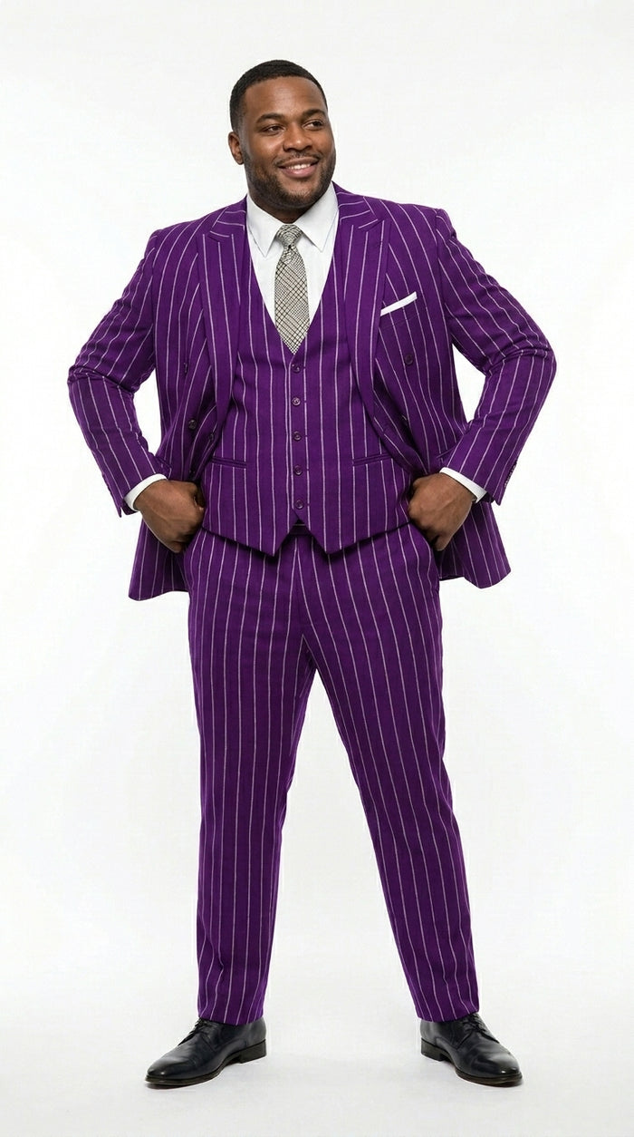 Men’s Purple Pinstripe 1920s Gangster Suit with Jacket, Vest and Pants, Vintage Formal Dress Suit