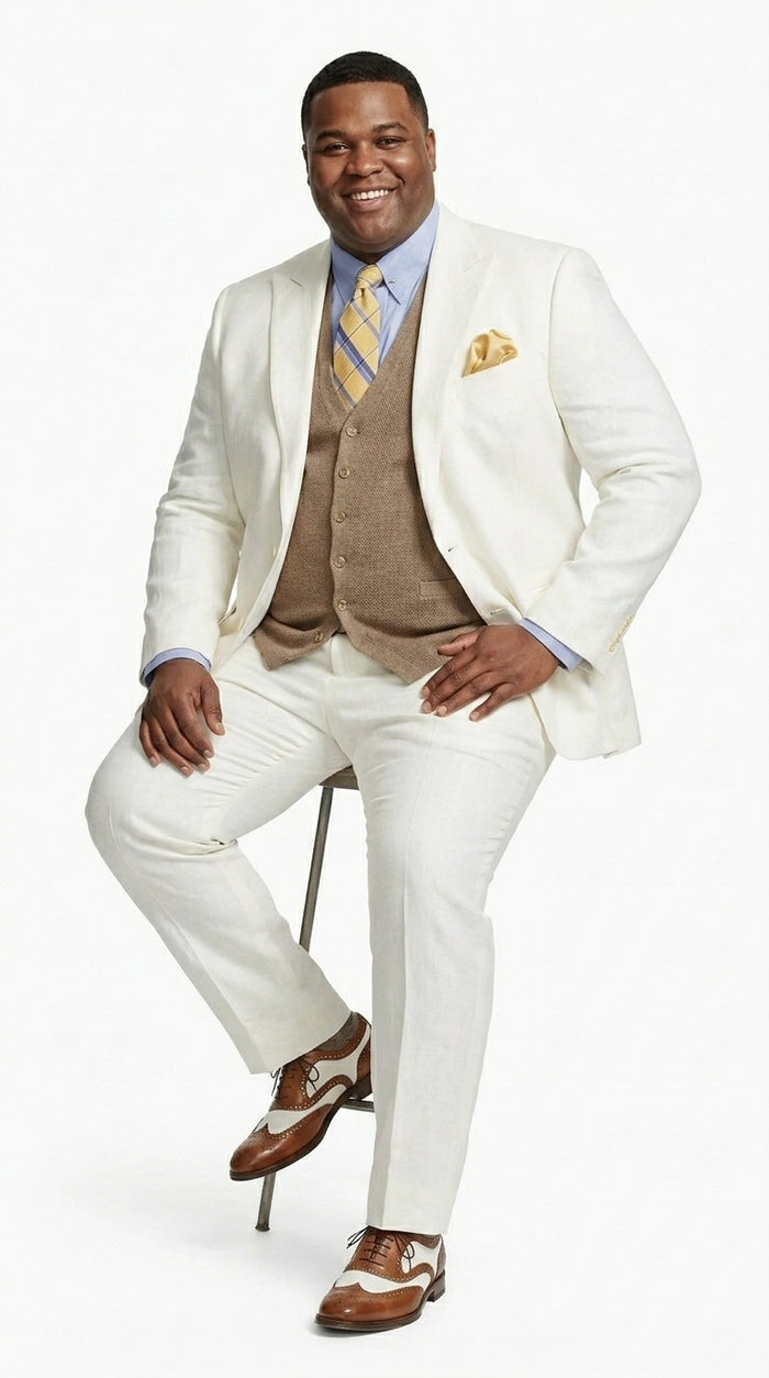 Men’s Ivory Great Gatsby Vested Suit with Brown Vest, Peak Lapel Vintage Wedding Suit