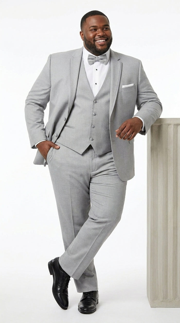 Men’s Light Grey Marseille 1 Button Peak Lapel Tuxedo with Satin Trim, Designer Wedding Suit