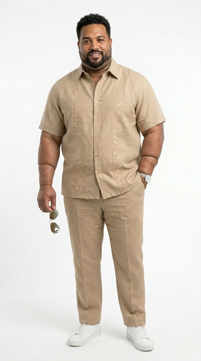 Men’s Sand Beige Embroidered 2 Piece Walking Suit with Short Sleeve Shirt and Matching Pants