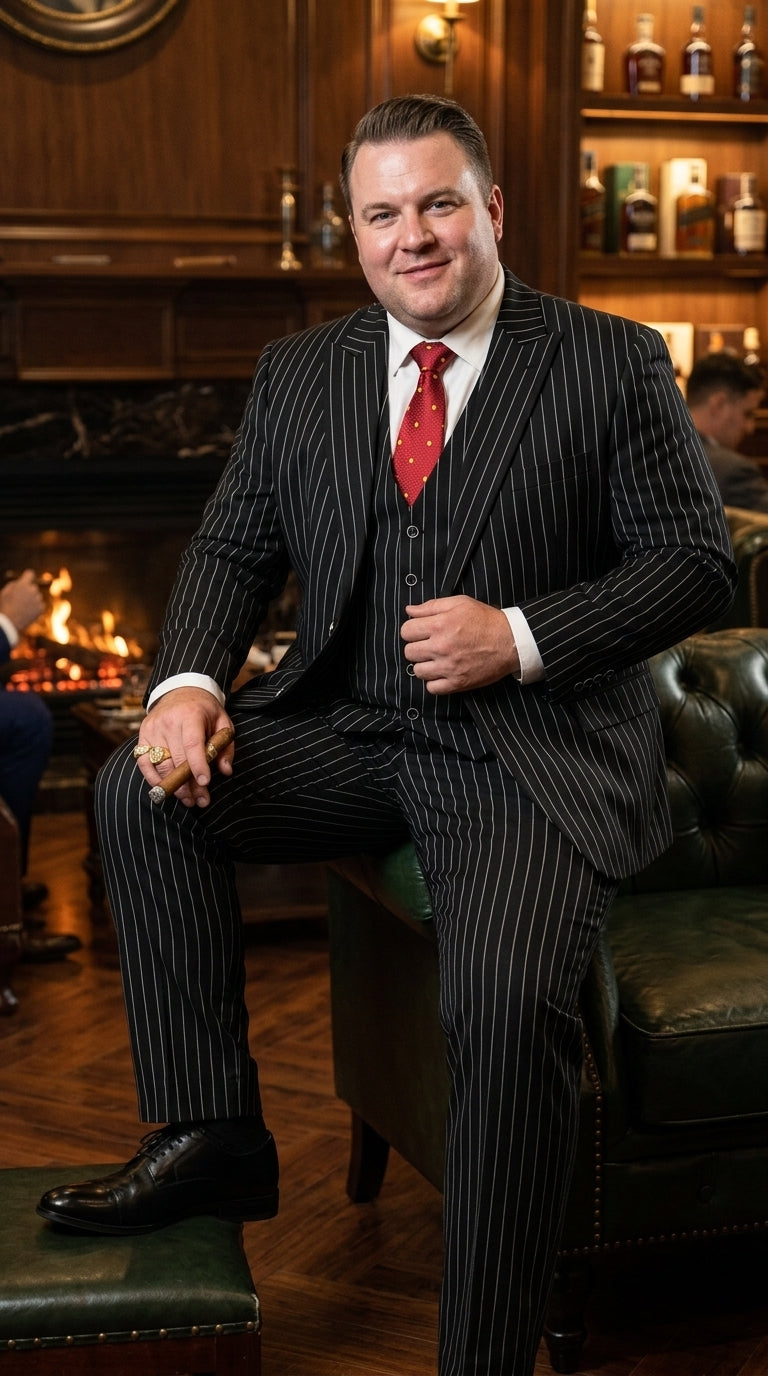 Men’s Black Bold Pinstripe 1920s Suit, Vintage 3 Piece Gangster Suit, Big and Tall Prom Outfit
