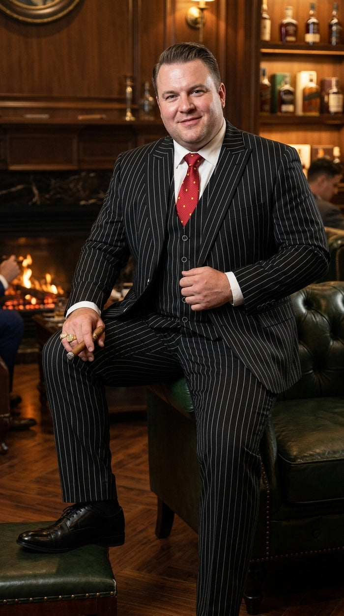Men’s Black Bold Pinstripe 1920s Suit, Vintage 3 Piece Gangster Suit, Big and Tall Prom Outfit