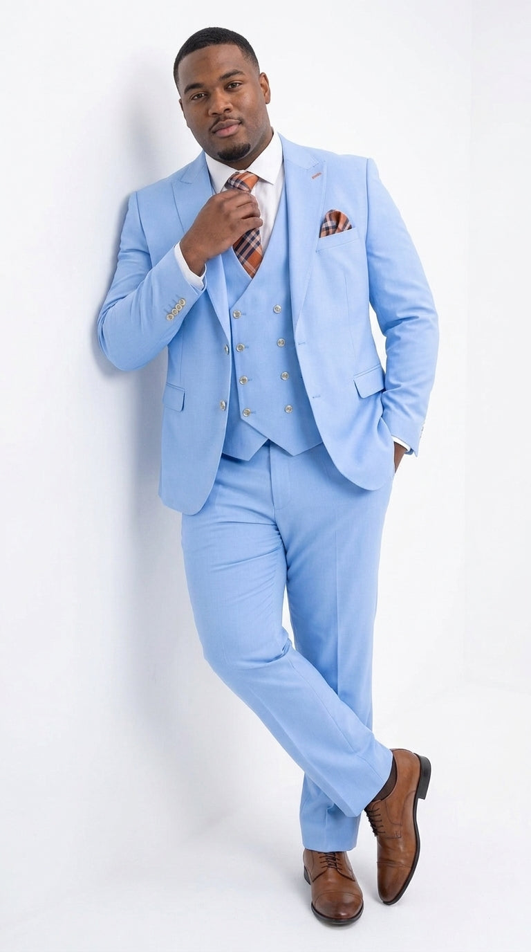 Statement Men’s Light Blue 3 Piece 100% Wool Fashion Suit, Bold Color Formal Wedding Suit