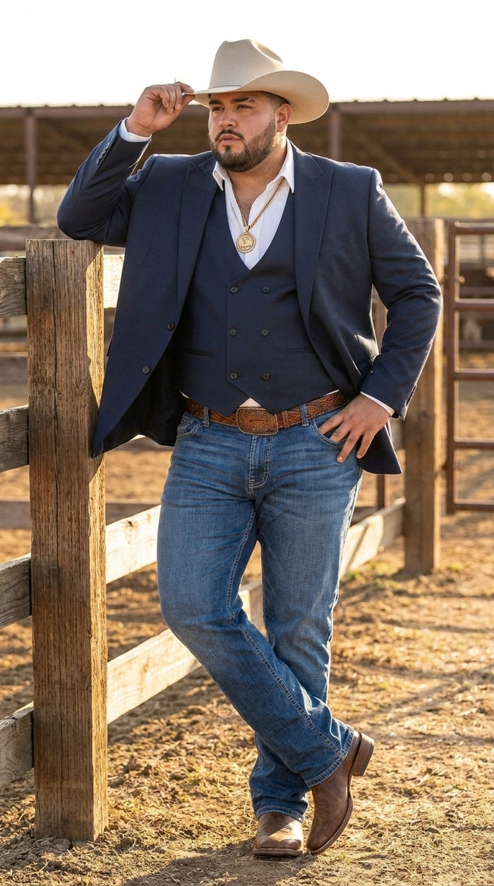 Men’s Navy Western Suit Blazer with Double-Breasted Vest – Modern Cowboy Formal Outfit
