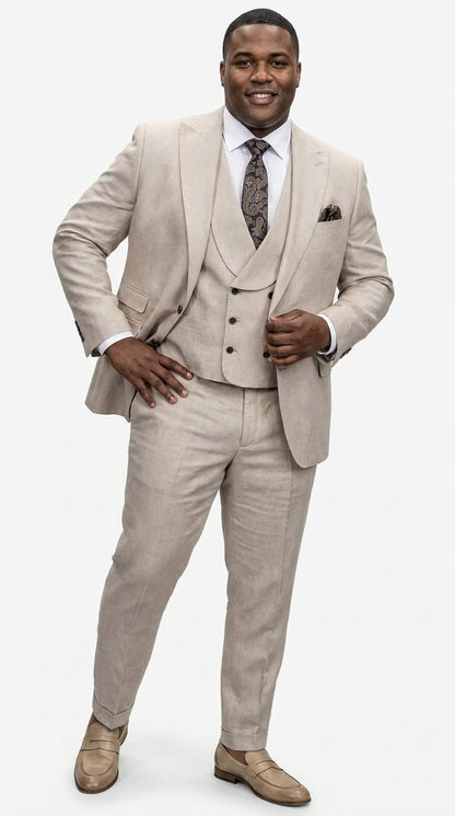 Statement Men’s Tan Wool Suit with Double Breasted Vest, Single Button Big Lapel Formal Dress Suit