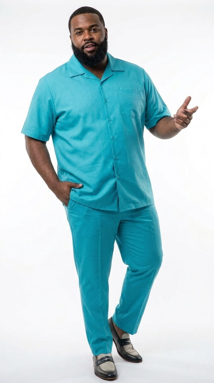 Men’s Turquoise Linen Shirt and Pants Set, Casual Summer Walking Suit Outfit