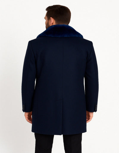 Mens Navy Wool Overcoat with Royal Blue Faux Fur Shawl Collar Cashmere Carcoat 3   - from alligatorwarehouse.com