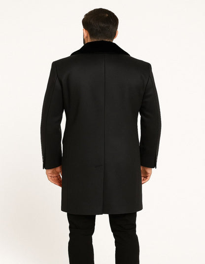 Men’s Black Double-Breasted Overcoat with Faux Fur Collar and Gold Buttons