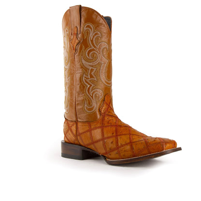 Mens Ferrini Ostrich Quill Patchwork Cowboy Boot in Kango Tabac