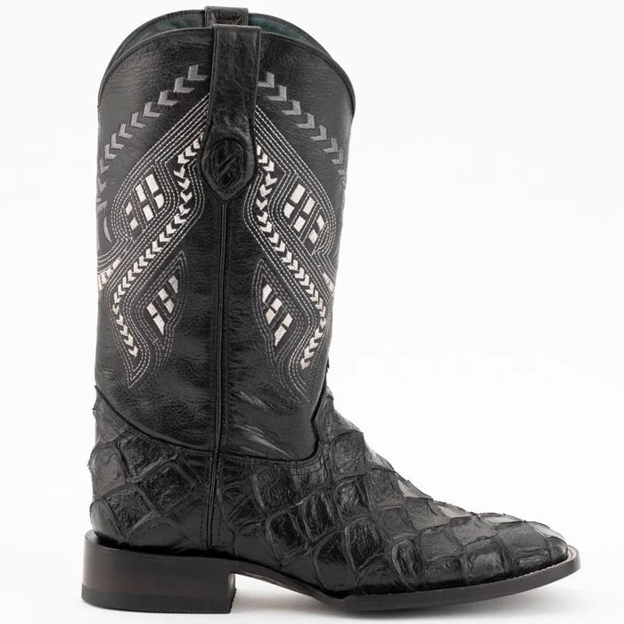 Ferinni Boot - Mens Dress Cowboy Boot  - Ferrini Bronco Men's Print Pirarucu Fish Boots Handcrafted Black  in Black Color