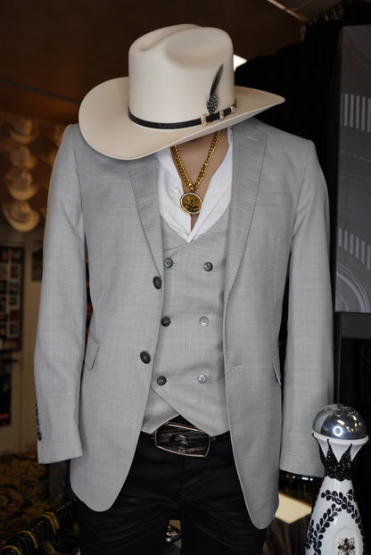 Men’s Light Gray Western Suit Blazer with Double-Breasted Vest, Modern Cowboy Formal Jacket Outfit