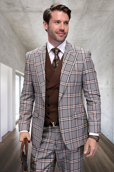 Men's Designer Vested Wide Peak Lapel Houndstooth Plaid Suit in Tan 1 Fino-Tan-36S  - from alligatorwarehouse.com