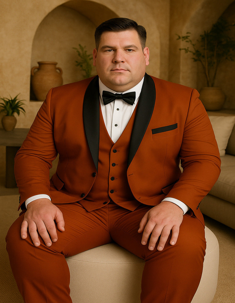 Men's Burnt Orange Tuxedo Suit ƒ?? 3-Piece Slim Fit with Black Satin Shawl Lapel