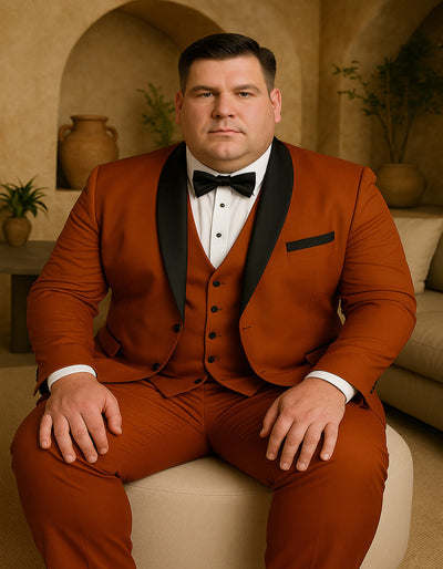 Men's Burnt Orange Tuxedo Suit ƒ?? 3-Piece Slim Fit with Black Satin Shawl Lapel 4   - from alligatorwarehouse.com
