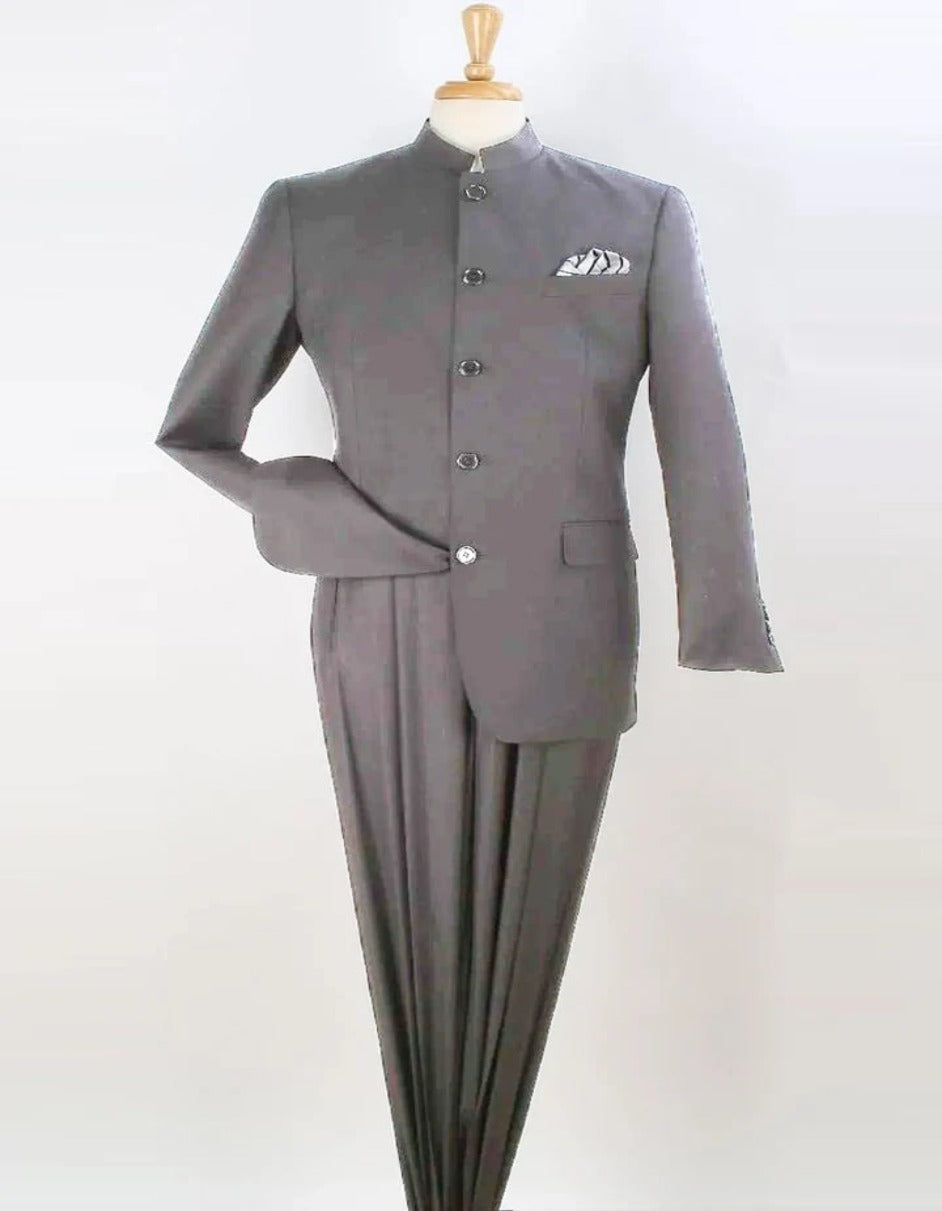 Light Grey Suit - Silver Gray Suit For Wedding - Mens Five Button Mandarin Banded Collar Light Grey Fashion Suit 1   - from alligatorwarehouse.com