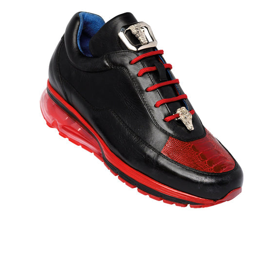 Men's Belvedere Flash Calf & Ostrich Leg Sneaker in Black & Red 2 MEN E01 BLACK/RED-M-09  - from alligatorwarehouse.com