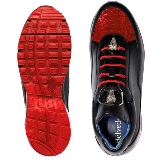 Men's Belvedere Flash Calf & Ostrich Leg Sneaker in Black & Red 3 MEN E01 BLACK/RED-M-09  - from alligatorwarehouse.com