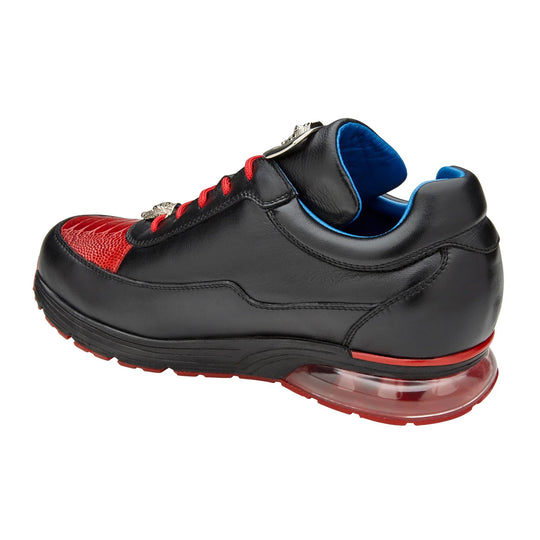 Men's Belvedere Flash Calf & Ostrich Leg Sneaker in Black & Red 4 MEN E01 BLACK/RED-M-09  - from alligatorwarehouse.com