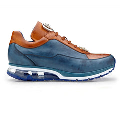 Men's Belvedere Flash Calf & Ostrich Leg Sneaker in Camel & Blue