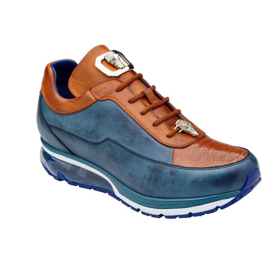 Men's Belvedere Flash Calf & Ostrich Leg Sneaker in Camel & Blue 2 MEN E01 BLUE SAFARI/ALMOND-M-09  - from alligatorwarehouse.com