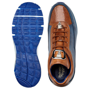 Men's Belvedere Flash Calf & Ostrich Leg Sneaker in Camel & Blue 3 MEN E01 BLUE SAFARI/ALMOND-M-09  - from alligatorwarehouse.com